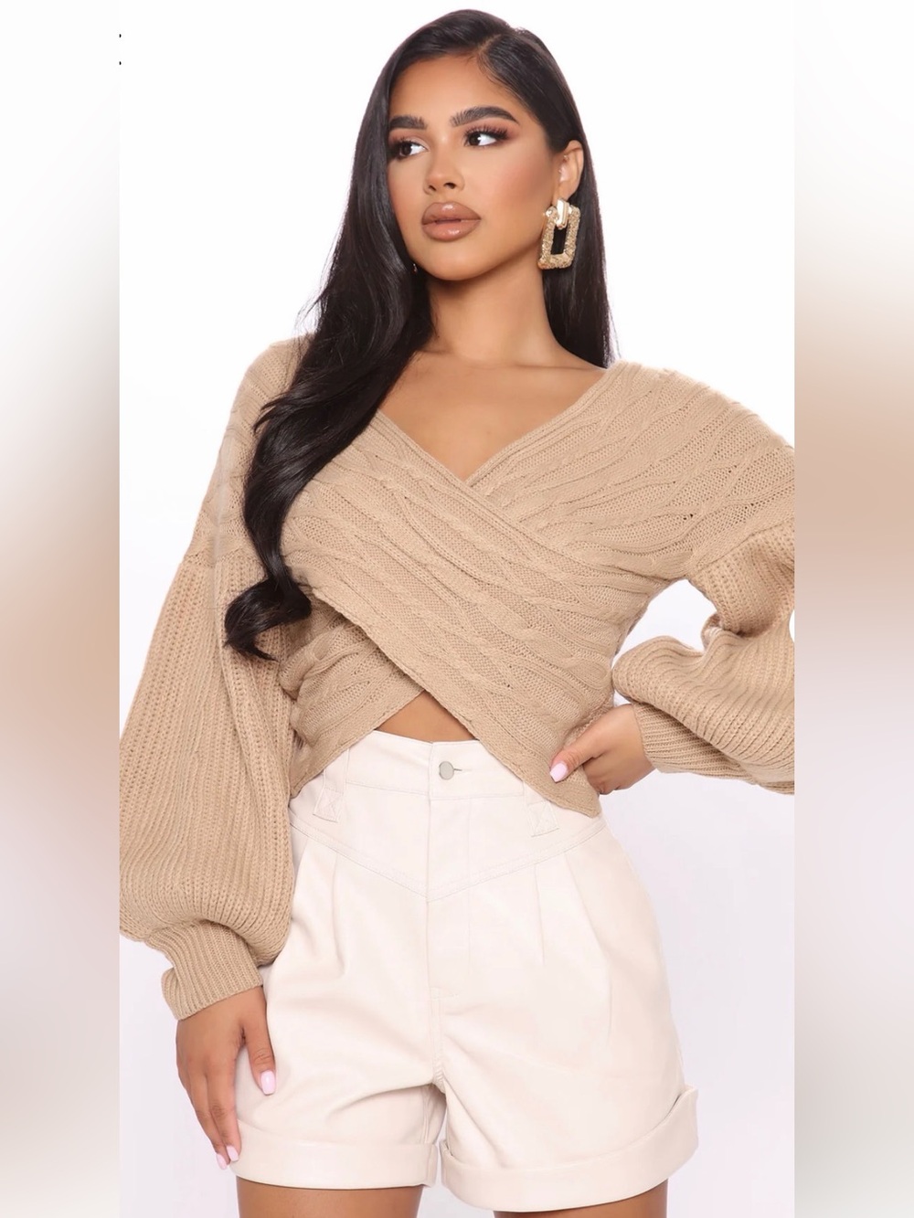 Fashion Nova Camel Cable Knit Wrap Pullover